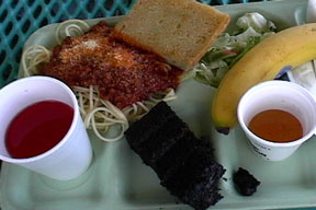 spaghetti, salad, juice, bananas, bread...